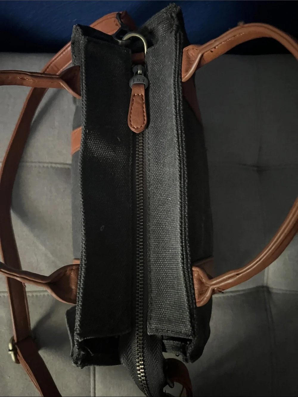 Joy Susan Black Canvas Shoulder Bag with Brown Trim